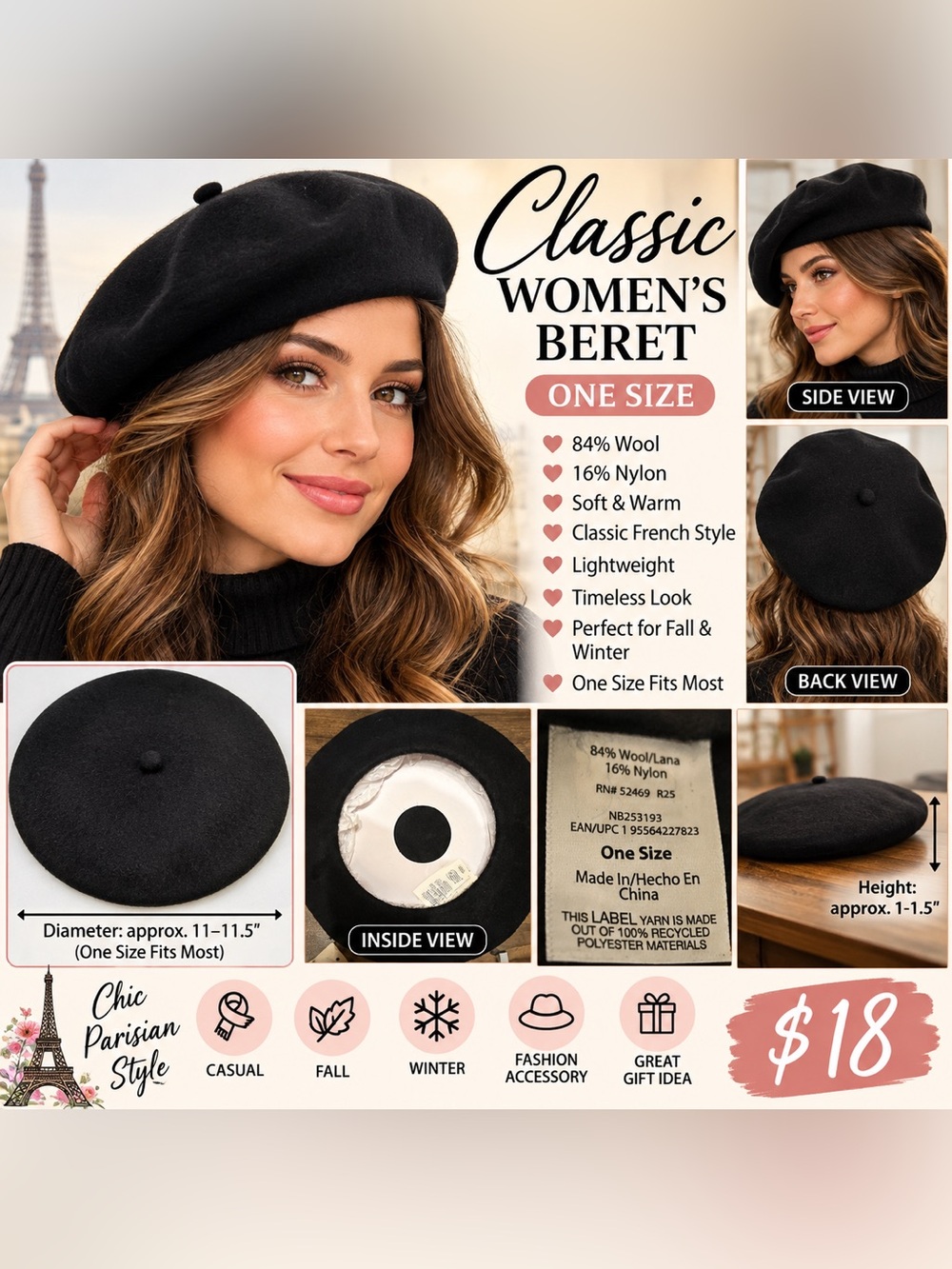 No Boundaries Black Wool Beret - Classic Round Top